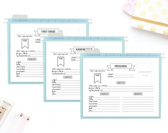 May include: Three printable file folder labels for preschool, kindergarten, and first grade. Each label has a space for a photo, a place to write the child's name, year, school, teacher, and a section for "About Me" with prompts for favorite things and memories.
