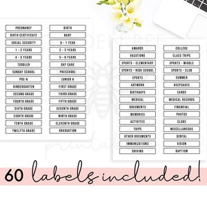 May include: Two white sheets of labels with black text, including categories like "Pregnancy," "Birth," and "Awards." A laptop and flowers are in the background. The text "60 labels included!" is at the bottom.