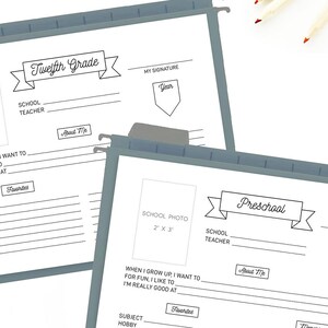 May include: Two printable file folder labels, one for "Twelfth Grade" and one for "Preschool". Each label has a space for a school photo, school teacher, and a "About Me" section. The labels are designed to be used for school supplies.