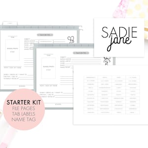 May include: A printable starter kit for a child's memory book. The kit includes file pages, tab labels, and a name tag. The name tag has the name "SADIE Jane" written in black cursive.