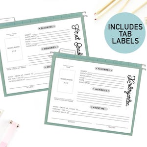 May include: Two printable file folder labels for a kindergarten and first grade student. The labels are green with white text and black accents. The labels include sections for school photo, favorites, memories, and about me.