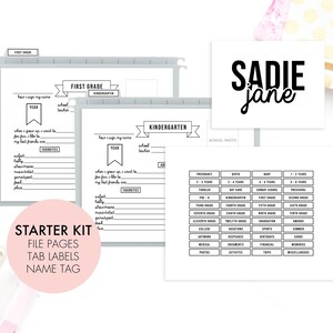May include: A printable starter kit for a school memory book. The kit includes file pages, tab labels, and a name tag. The name tag features the name "SADIE Jane" in black text on a white background.