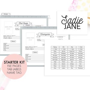 May include: A printable starter kit for a child's school year. The kit includes file pages, tab labels, and a name tag. The name tag is personalized with the name "Sadie Jane".