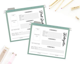 May include: Two printable file folder labels, one for Kindergarten and one for First Grade. Each label has a space for a school photo, a section for favorites, memories, and about me, and a place to write the year, subject, how the child signs their name, when they grow up, what they like to do for fun, and what they are really good at.