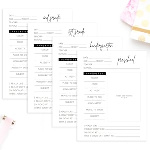May include: Printable first day of school memory pages for preschool, kindergarten, 1st grade, and 2nd grade. Each page includes space to record the student's favorite color, food, activity, place to go, song/artist, movie/TV show, and subject. There is also space to write about what the student really likes, doesn't like, is good at, and wants to be when they grow up.