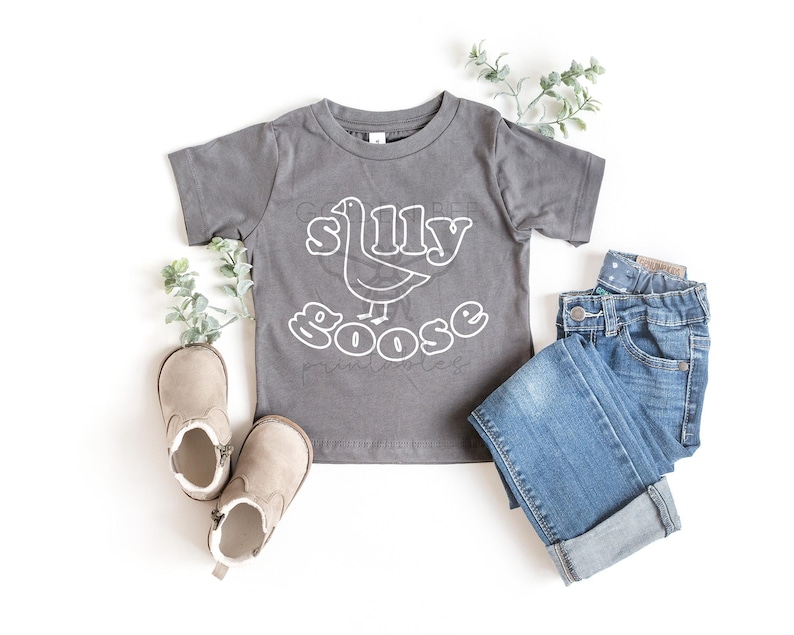 Puede incluir: Una camiseta gris de manga corta con un gr&aacute;fico blanco de un ganso y el texto "Silly Goose".