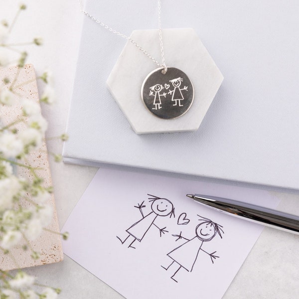 Personalised Silver Engraved Drawing Disc Necklace, Sterling Silver Keepsake Jewellery, Engraved Kids Drawing Necklace, Gifts For Mummy