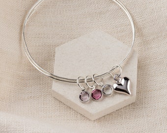 Bracelet jonc personnalisé avec pierre de naissance et coeur Swarovski, cadeaux de pierre de naissance pour elle, cadeau d'anniversaire d'étape importante, bijoux souvenir de pierre de naissance pour elle