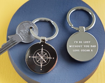 Personalised Compass Keyring, Engraved Lost Without You Keyring, Bespoke Key Chain, Custom Engraved Gifts For Him, Keepsake Gifts For Dad