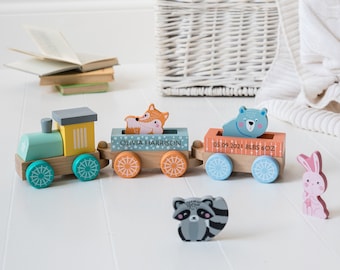 Personalised Wooden Animal Train Set, Colourful Wooden Train Set, Traditional Toys, Eco Toys, Birthday Train Set Toy, Luxury Birthday Gifts