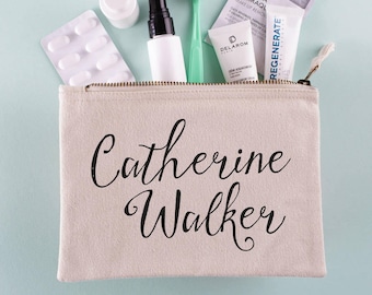 Personalised Script Toiletries Bag, Stylish Travel Essentials, Bespoke Gifts For Her, Travelling Must Have Gifts, Custom Toiletries Pouch