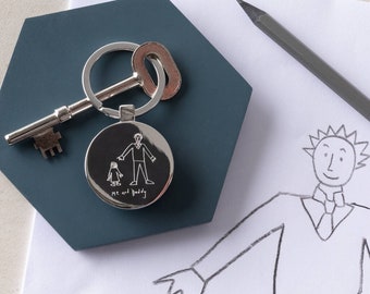 Personalised Daddy And Me Childs Drawing Keyring, Engraved Keyring Keepsake, Child's Drawing On Key Chain, Gifts For Daddy, Gifts for Him