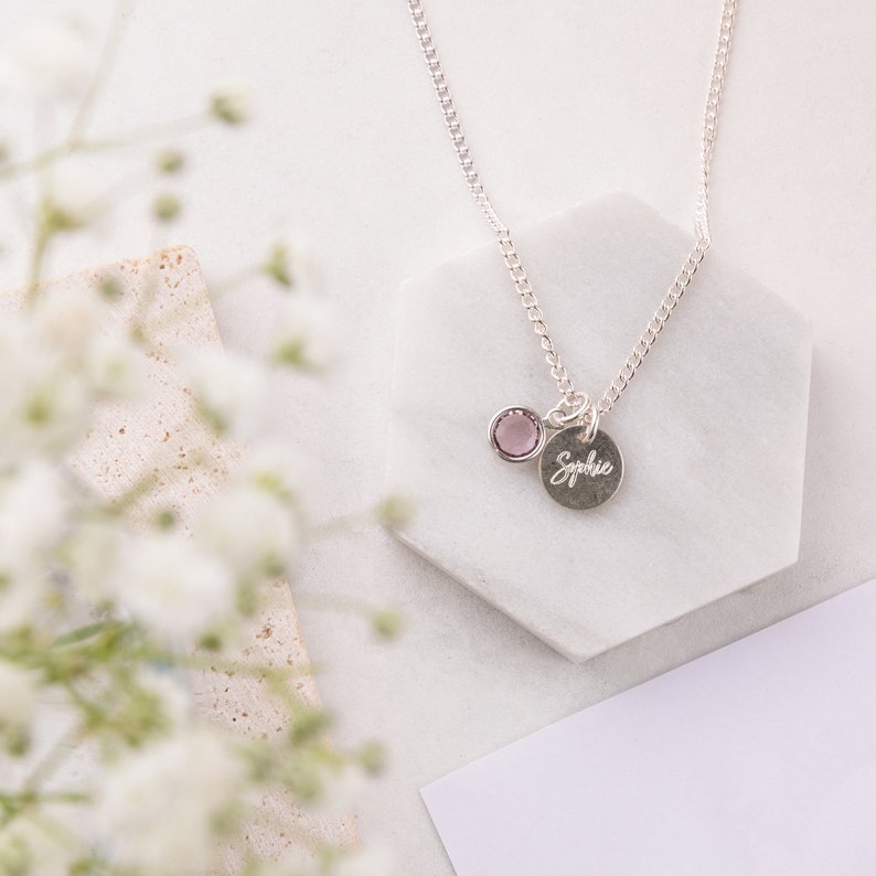 Silver Swarovski Birthstone And Disc Necklace, Custom Engraved Charm Necklace, Gift For Her, Birthstone Gifts For Her, Birthday Gift For Her image 2