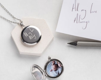 Engraved Handwriting Locket With Photo, Bespoke Handwriting Jewellery Keepsake Gifts, Timeless Jewellery For Loved One, Photo Gifts For Her