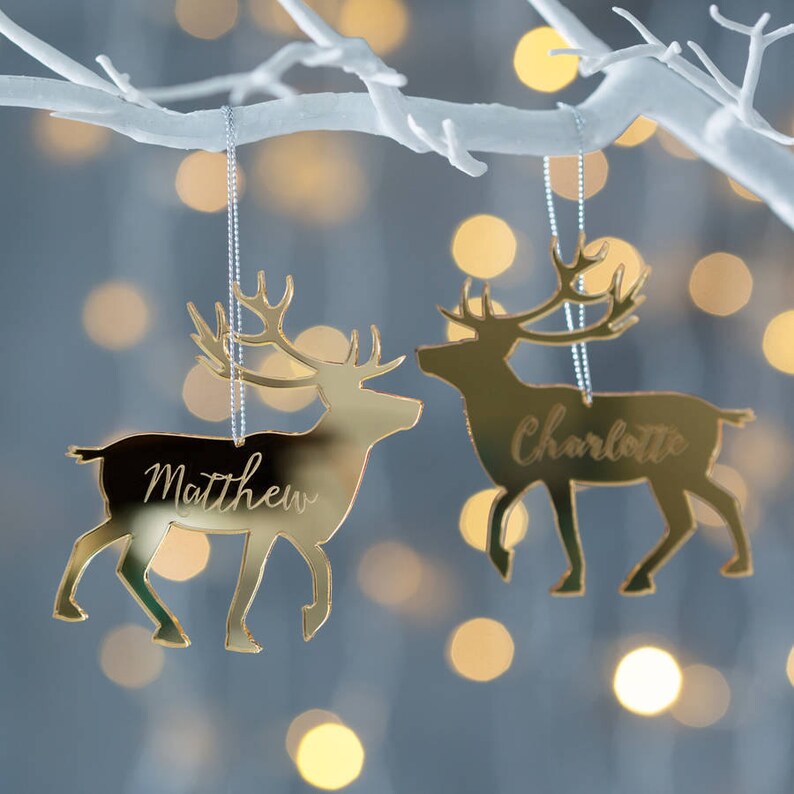 May include: Two gold mirror reindeer ornaments with the names "Matthew" and "Charlotte" engraved on them. The ornaments are hanging from a white branch against a blurred background of lights.
