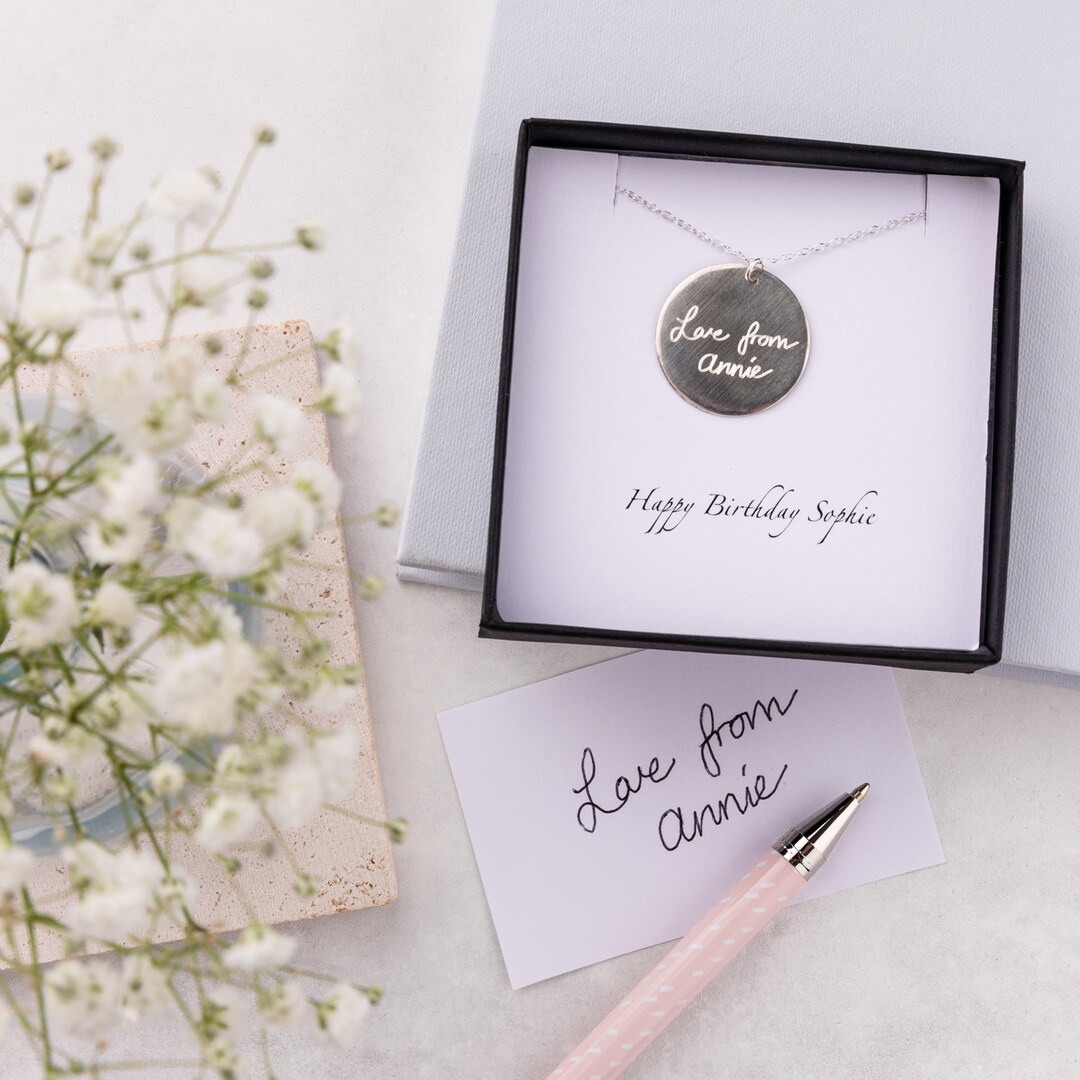 Personalised Silver Engraved Handwriting Disc Necklace, Sterling