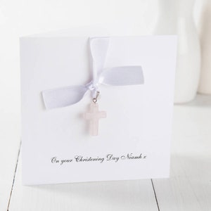 Personalised Rose Quartz Cross Christening Card