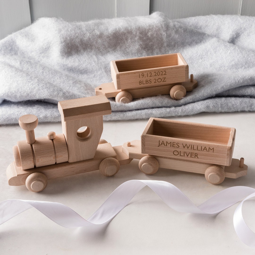 Personalised New Baby Large Wooden Train Set, Large Christening Wooden ...