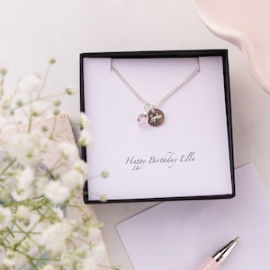 Silver Swarovski Birthstone And Disc Necklace, Custom Engraved Charm Necklace, Gift For Her, Birthstone Gifts For Her, Birthday Gift For Her image 1