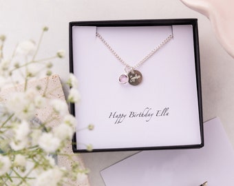 Silver Swarovski Birthstone And Disc Necklace, Custom Engraved Charm Necklace, Gift For Her, Birthstone Gifts For Her, Birthday Gift For Her