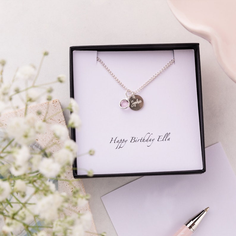 Silver Swarovski Birthstone And Disc Necklace, Custom Engraved Charm Necklace, Gift For Her, Birthstone Gifts For Her, Birthday Gift For Her image 1