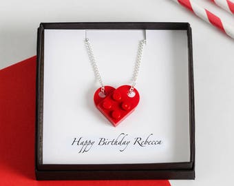 Personalised Building Block Heart Charm Necklace, Love Heart Gifts For Her, Heart Shaped Necklace, Anniversary Keepsake Gifts For Her