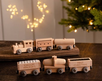 Personalised First Christmas Wooden Train Set, Traditional Toys, Eco Toys, Sustainable Gifting, New Baby Gifts, Luxury Train Set Gifts