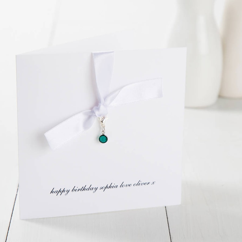 Personalised Swarovski Birthstone Card, Personalised Swarovski Birthday Card, May Birthstone Charm Card, Emerald Birthday Celebration Gift image 4
