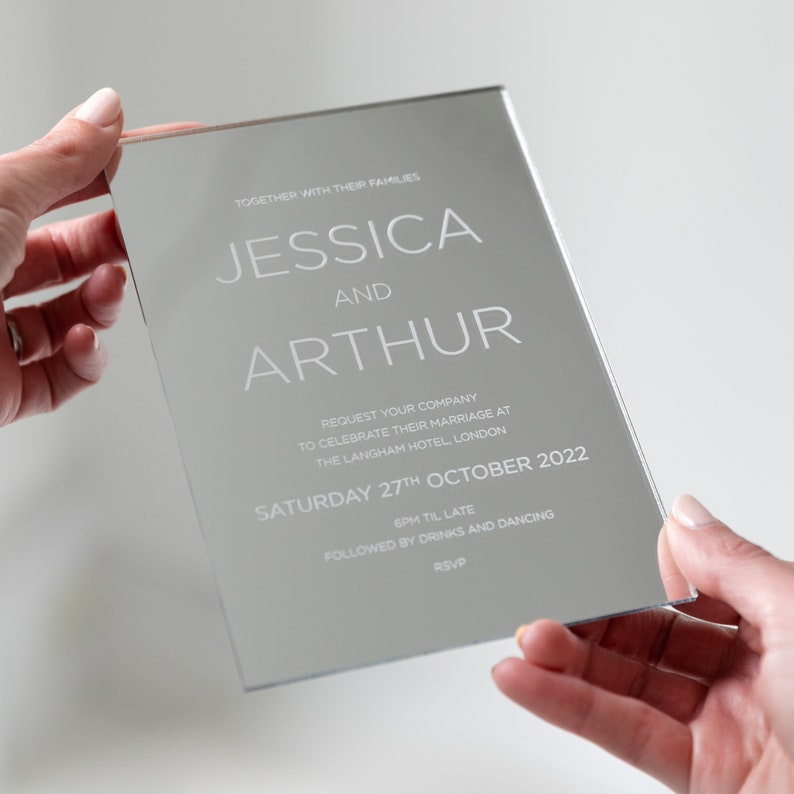 Elegant Acrylic Wedding Invitations, Mirrored Acrylic Invitations, Mirror Silver Invite, Stylish Invitations, Engraved Celebration Invite image 9