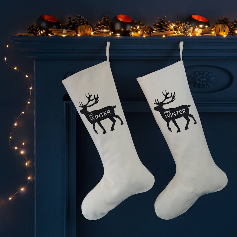 Personalised Reindeer Mr And Mrs Christmas Stockings image 1