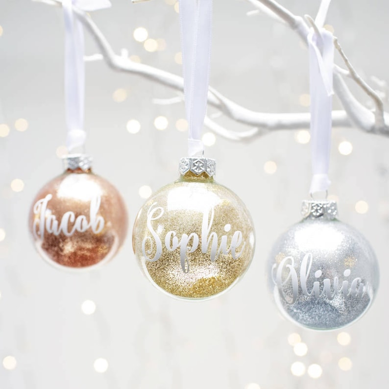 Personalised Glitter Bauble, Gold Silver Copper Glitter Bauble, Sparkle Christmas Decor, Christmas Essentials, Timeless Christmas Decoration image 1