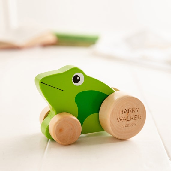 Personalised Push Along Wooden Frog Toy, Traditional Toys for