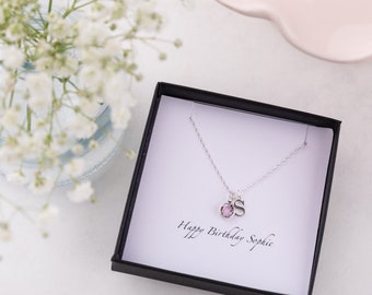 Silver Swarovski Birthstone And Initial Necklace