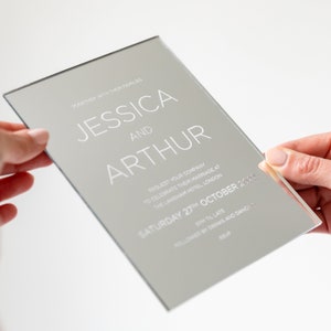 Elegant Acrylic Wedding Invitations, Mirrored Acrylic Invitations, Mirror Silver Invite, Stylish Invitations, Engraved Celebration Invite image 3