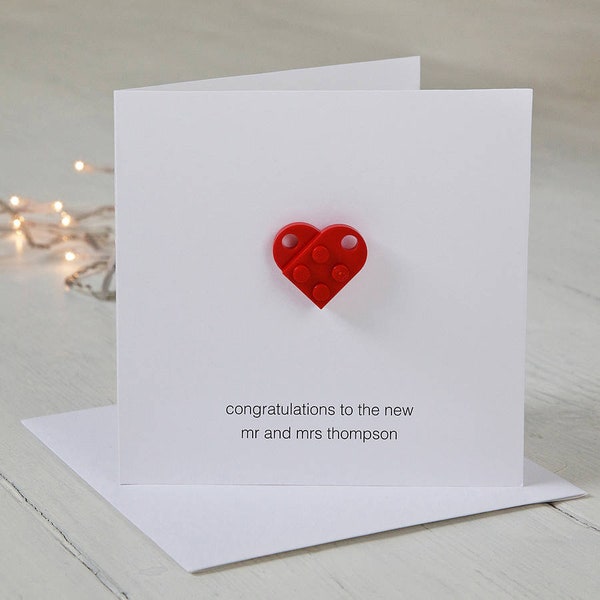 Personalised Building Block Wedding Day Card, Novelty Heart Brick Card, Bespoke Anniversary Engaged Celebration Card, Custom Building Blocks
