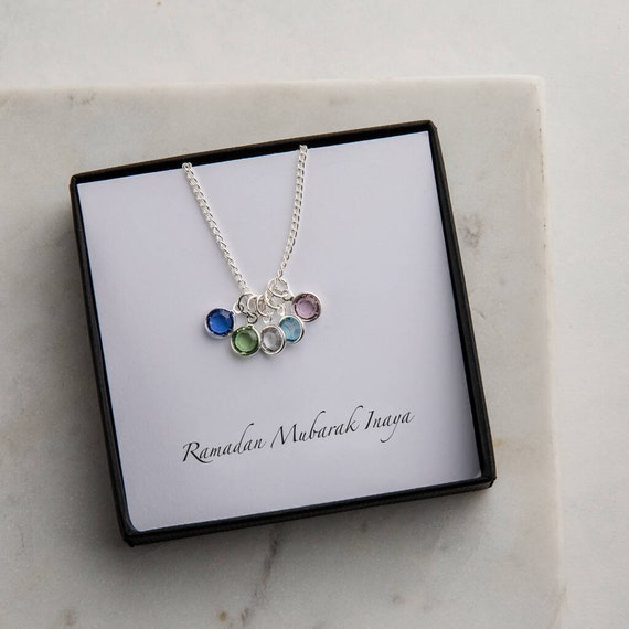 Personalised Ramadan Birthstone Cluster Necklace, Swarovski Channel Charm  Jewellery, Silver Plated, August Peridot Sept Sapphire Birthday
