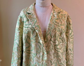 Gold thread Metallic Brocade Fabric, Lime Green Accents Vintage 1960s Cocktail Jacket. Gold Long Opera Evening coat