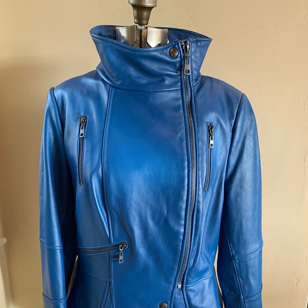 Blue Leather Fitted Jacket Women, Biker Jacket, Coat, Metal Zippers