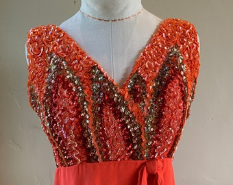 1960s Sequin Covered Orange Crepe Cocktail Dress Gown