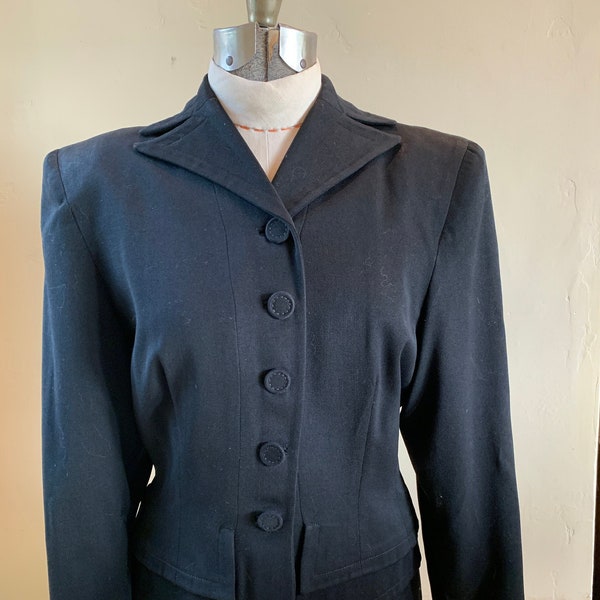 Veste de costume Gabardine en laine noire, veste manteau des années 1940, blazer vintage