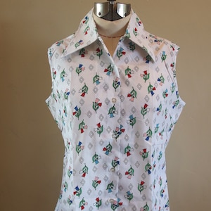 Vintage Store Stock Sleeveless Print Crisp Poly/Cotton Blouse Miss K