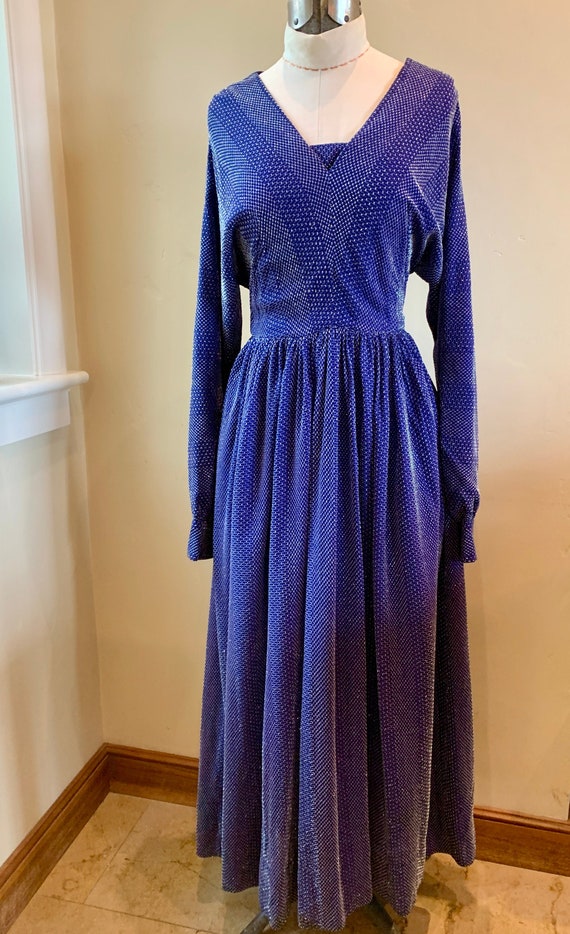 Deep Blue Silver Metallic Gown Maxi Dress Vintage 