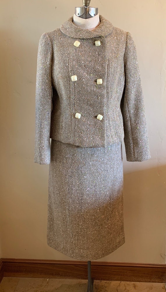 Elizabeth Arden 1950s Tweed Wool Suit Jacket Skirt