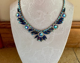 Vintage Choker Necklace Blue Rhinestones Jewelry Silvertone Setting