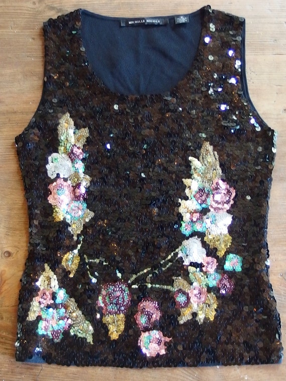 1990s sequin black fitted top sequin floral patter