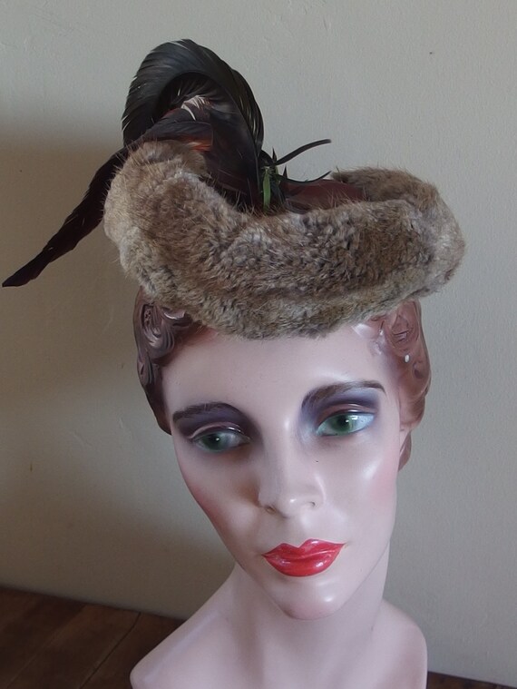 Fur Feather Trimmed Vintage Fascinator Hat Cap Ann