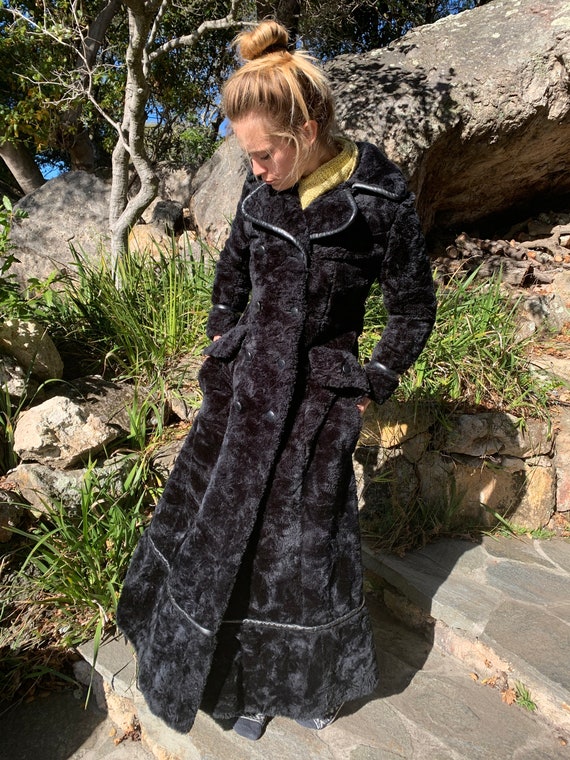 Vintage Black Faux Fur Maxi Coat Leather Trim Jose