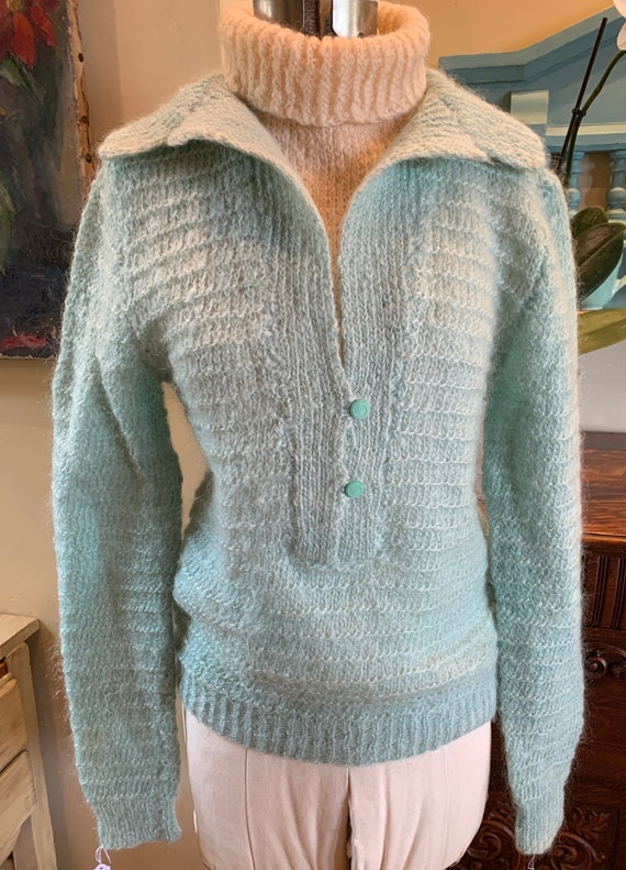 Mint Green Hand Knit Mohair Turtleneck Pullover Sw