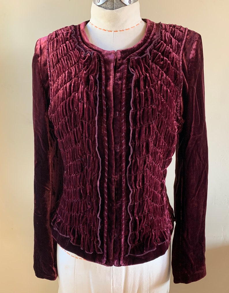 Red Burgundy Velvet Smocked Front Zip Jacket Top ELIE TAHARI Vintage Etsy