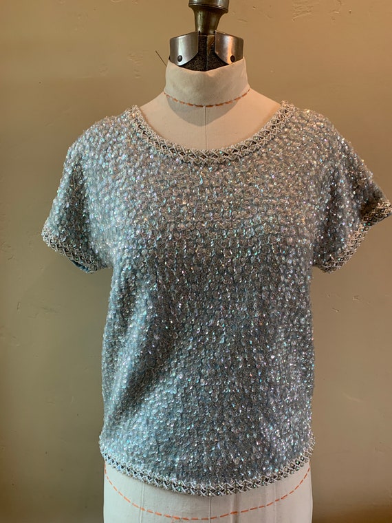 1960s Beaded Sequin Cropped Top Light Blue - image 1